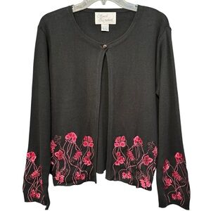 Sarah Elizabeth Black Cardigan with Pink Floral Embroidery